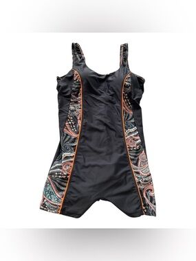 Black Paisley One Piece Swimsuit Boy Shorts L Tummy Control